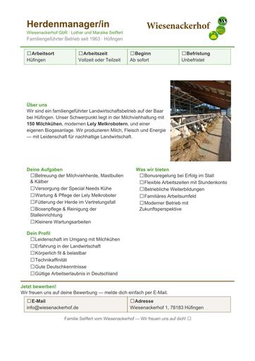 Herdenmanager/in - Wiesenackerhof in Hüfingen